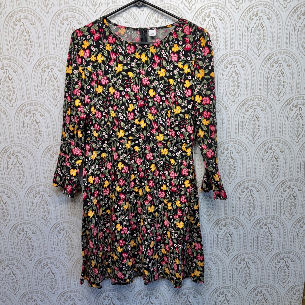 Old Navy Womens Floral 3/4 Bell Sleeve Smocked Back Rayon Mini Dress Black Large